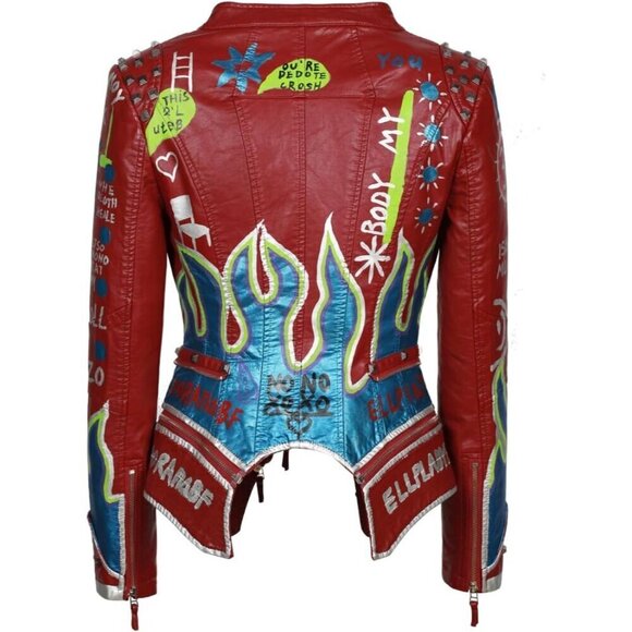 Women's Punk Floral Embroidered short Faux Leather Jacket . - Picture 4 of 4